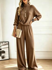 Holdful Holdful Women's Solid Color Long Sleeve Top And Pants Casual Daily 2 Pieces Set - Brown - View 7