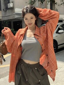 Dazy Kids 青少年女孩秋季休閒基礎款翻領長袖襯衫 - 橘色 - 查看 4