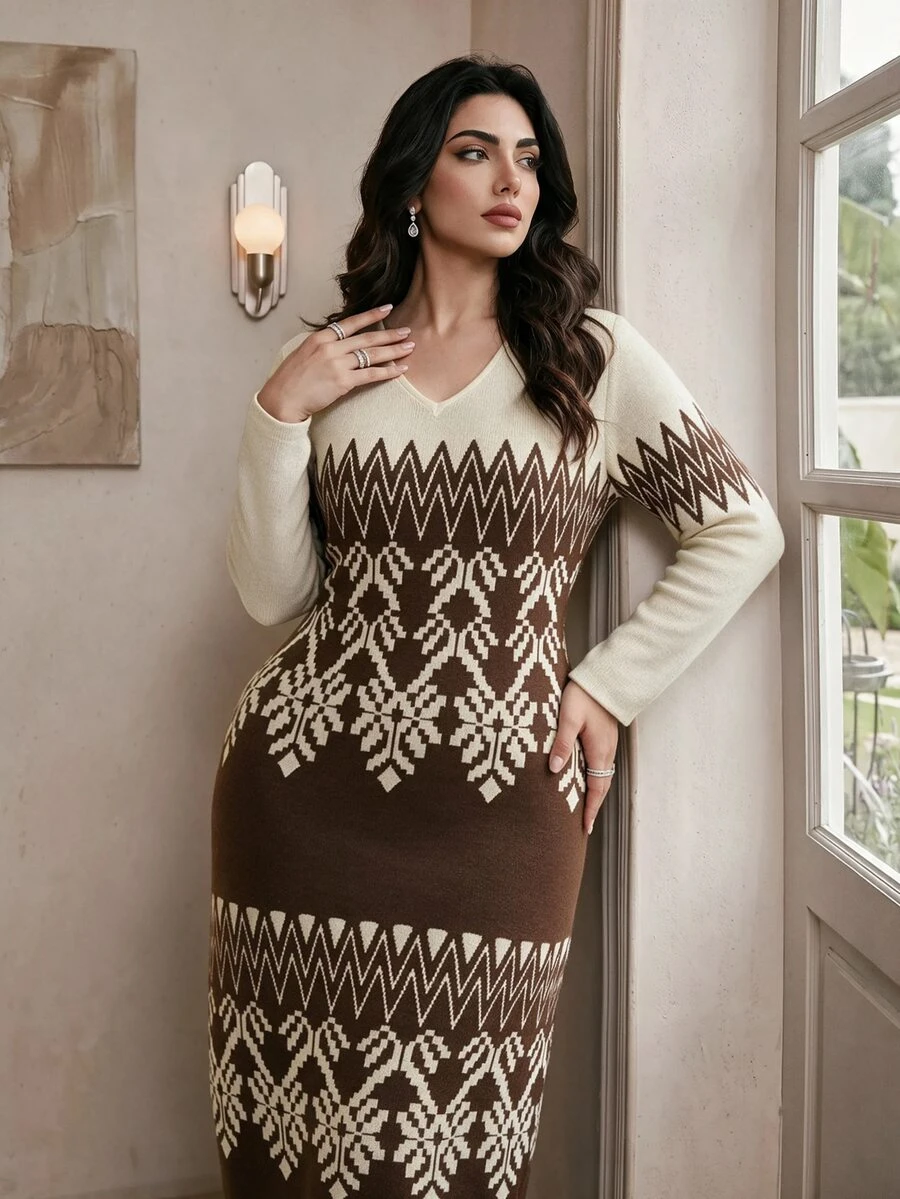 Modelyn Plus Size Elegant Contrast Color Geometric Pattern Knit Dress, Autumn/Winter - Multicolor - View 1