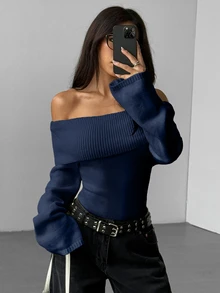 SHEIN Clasi Fashion Korean Style One-Shoulder Solid Color Pullover Sweater - Blue - View 3