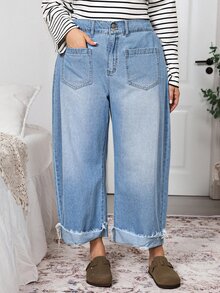 EMERY ROSE Plus Size Women's High-Rise Barrel Jeans, Light-Wash Wide-Leg Denim,Vacation Outfit,Halloween,Christmas,New Year,Party,Luxury,Elegant ,Concert - Blue - View 3