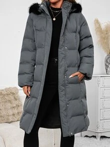 SHEIN Clasi Women's Winter Warm Button Long Sleeve Pockets Padded Coat - Grey - View 4