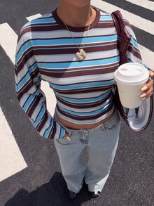 Muchica 秋季新款藍色與棕色學院風條紋蝙蝠袖修身長袖T恤，優雅休閒時尚基本款上衣，適合春夏秋冬，適用於外出與派對，女款學院風條紋上衣T恤 - 彩色 - 查看 6