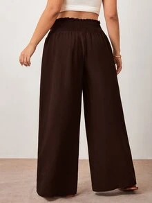 Enliva Plus Size Women's Solid Color Ruffle Elastic Waist Wide Leg Loose Casual Pants, Suitable For Daily Casual And Commuting Wear - Brown - View 2