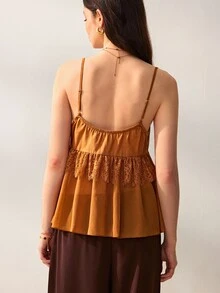Willow Rêve Women's Amber Fitted Camisole Top, Floral Lace Patchwork, Front Tie And Ruffle Hem Design, Western Romantic Bohemian Pastoral Style, Suitable For Summer Vacation And Music Festival Wear - Yellow - View 2
