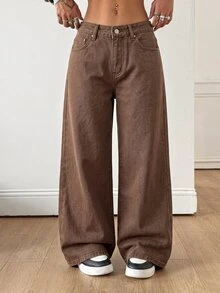 Attitoon Women's Letter Print Wide Leg Jeans - Coffee Brown - View 3