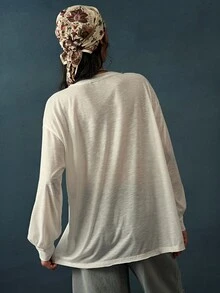 Bohemela Women's Autumn Casual Solid Color Split Hem T-Shirt - White - View 7