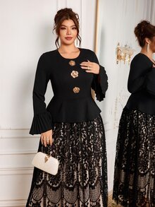 Modelyn Elegant Solid Color Knit Contrast Lace Round Neck Long Sleeve Waist-Cinching A-Line Regular Fit Spring/Autumn Plus Size Dress - Black - View 6