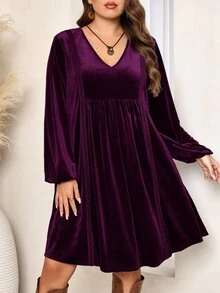 EMERY ROSE Plus Size Women's Autumn/Winter V-Neck Long Sleeve Velvet Lace Trim Patchwork Purple Dress Dinner Party Elegant Fall - Violet Purple - View 1