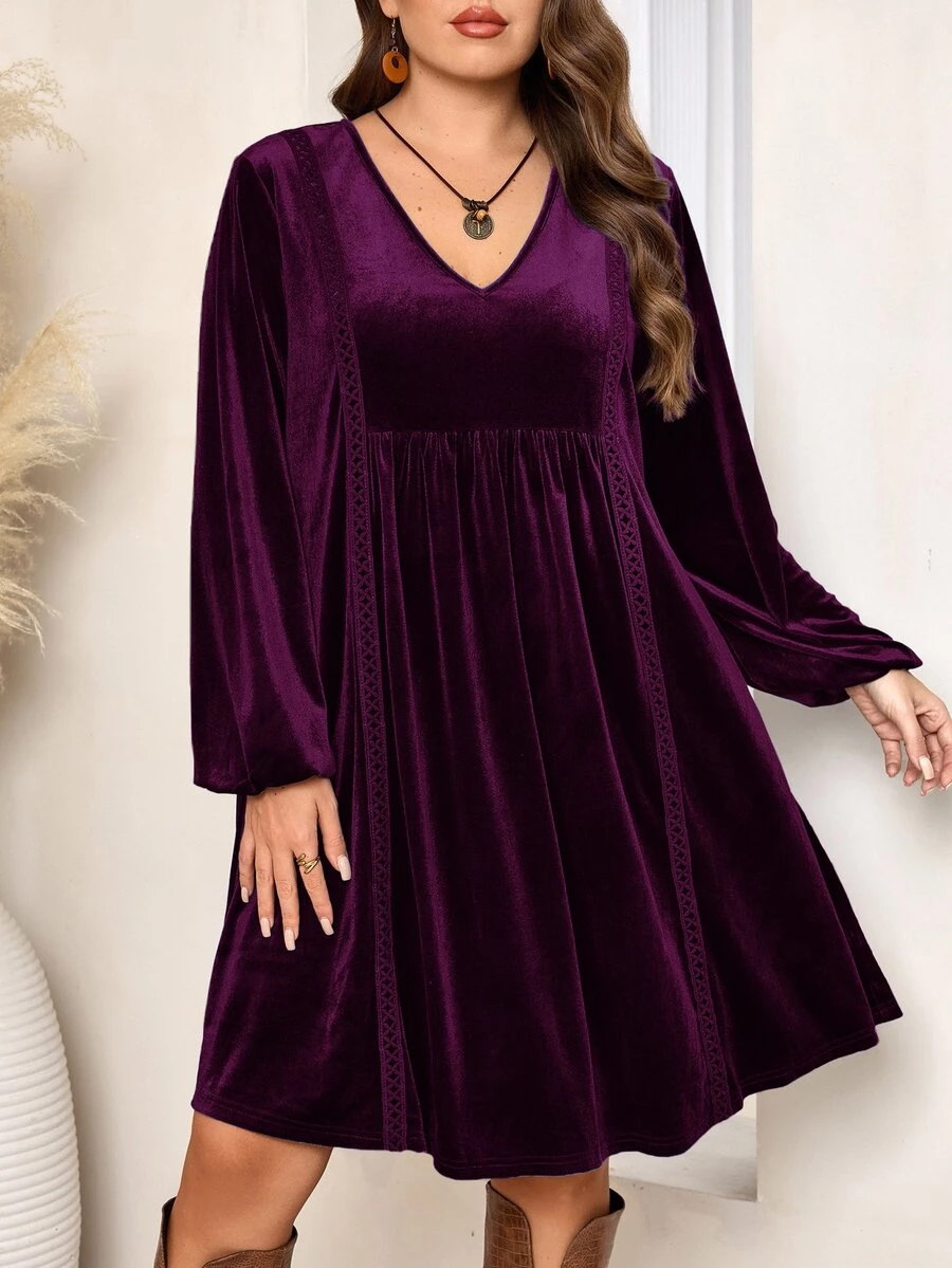 EMERY ROSE Plus Size Women's Autumn/Winter V-Neck Long Sleeve Velvet Lace Trim Patchwork Purple Dress Dinner Party Elegant Fall - Violet Purple - View 1