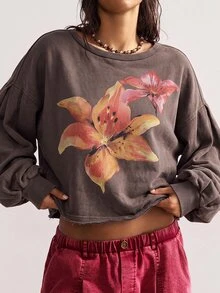 Bohemela 女款街頭風花卉印花時尚長袖運動衫 - 棕色 - 查看 6