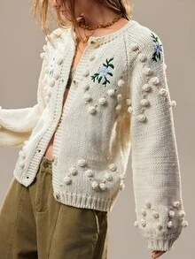 SHEIN Handmade 3D Pom Pom Floral Embroidered Chunky Knit Cardigan, Off-White Round Neck Loose Petal Sleeve Knitted Jacket - Apricot - View 5