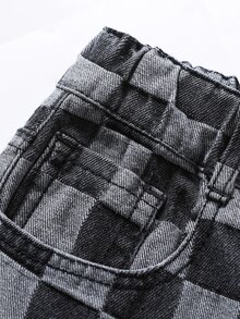 SHEIN Vacaura 青少年男孩牛仔褲 秋冬新款街頭黑白格紋工裝風黑色水洗 - 黑與白 - 查看 4