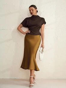 Aveloria Modichic 女士優雅法式抓褶緞面百褶長裙，拉鍊設計，自然棕色素面，標準版型，適合秋季早午餐與約會之夜 - 亮橙色 - 查看 7