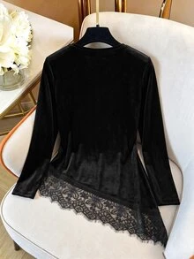 Franclia Women's Lace Patchwork Casual Versatile Daily Wear Blouse - Black - View 2