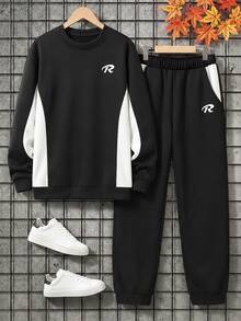 SHEIN Casuvi Kids 青少年男孩春秋冬季休閒拼接撞色字母印花圓領百搭街頭風時尚運動衫與束口運動長褲2件套 - 彩色 - 查看 4
