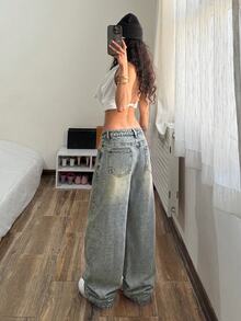 StreetHx Button Pocket Loose Low Waist Curved Leg Denim Jeans,Fall/Winter - Dark Wash - View 2