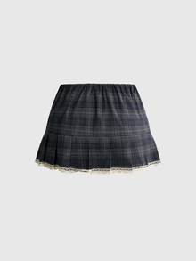 ROMWE Y2K Vintage Sweet Versatile Button Decor Plaid Pleated Skirt Plus Size Skirt - Multicolor - View 2