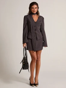 SHEIN BAE Women's Striped Single-Breasted Long Sleeve Jacket And Skirt Suit Set - Brown - View 3