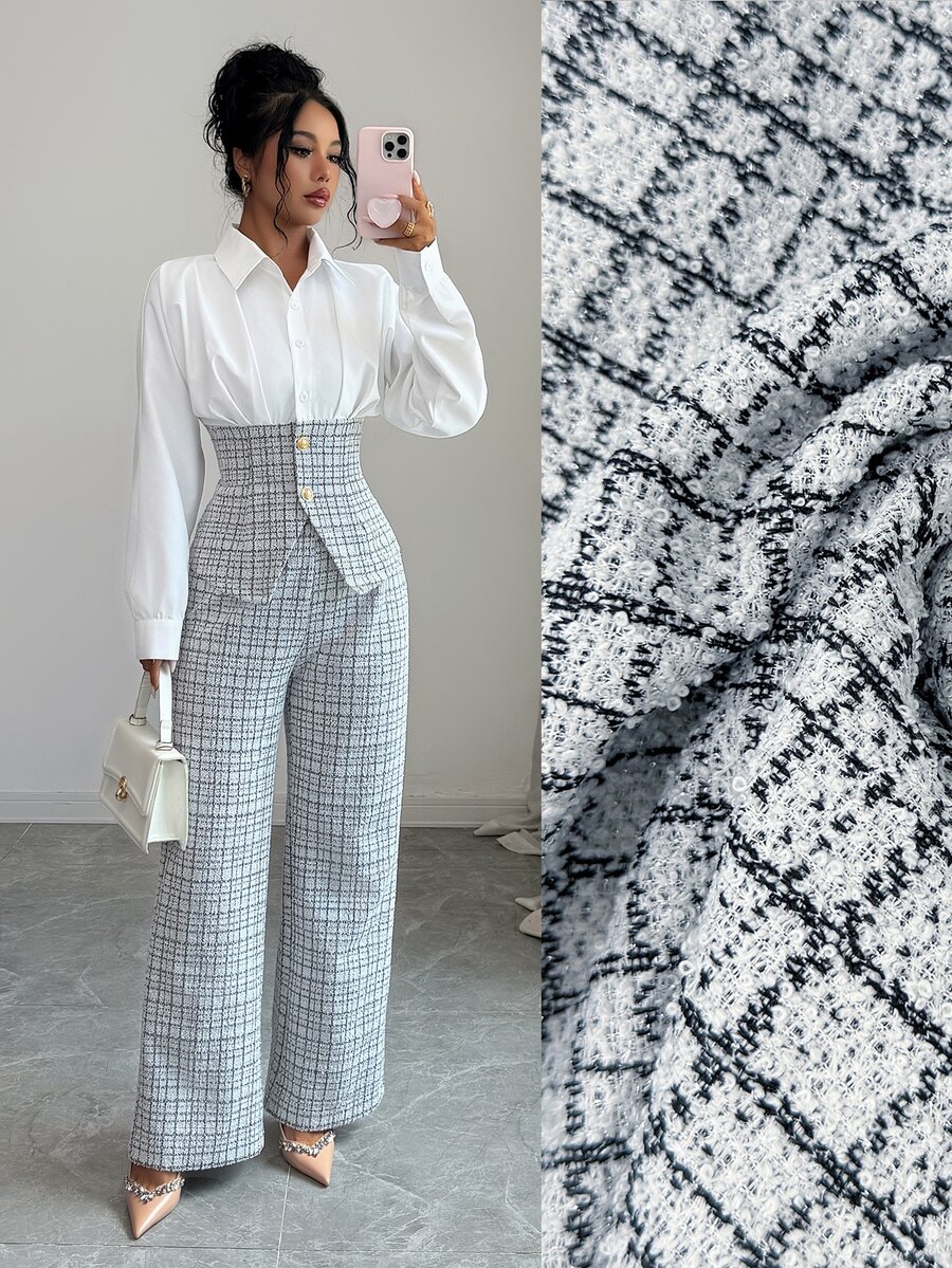 Elenzga Elegant Commuter Button Contrast Color Shirt + Long Pants Professional 2 Pieces Set - Black and White - View 1