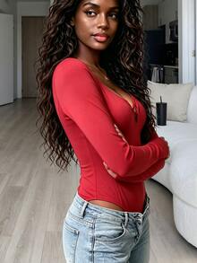 SHEIN Core Rhythm Red Long Sleeve Criss-Cross V-Neck Waist-Cinching Jumpsuit - Red - View 5