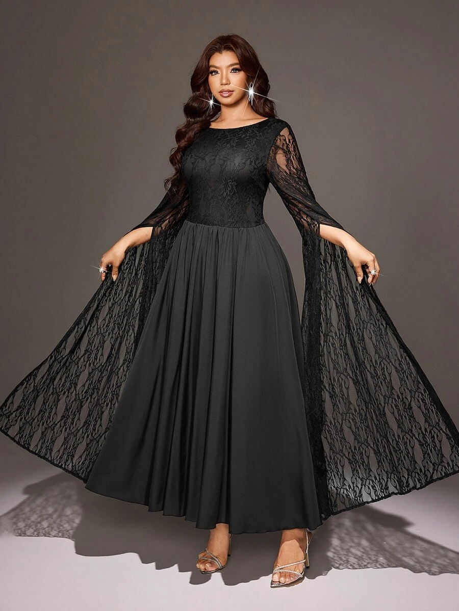 Viva Relle Plus Size Black Lace Cape Sleeve Spliced Chiffon Cinched Waist Long Evening Formal Night Dress Autumn Halloween Goth Elegant - Black - View 1