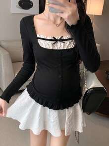 Dazy Maternity Patchwork Polka Dot Lace Bow Long Sleeve Square Neck Casual Daily Vacation Korean Style Spring Autumn Maternity T-Shirt - Black - View 1