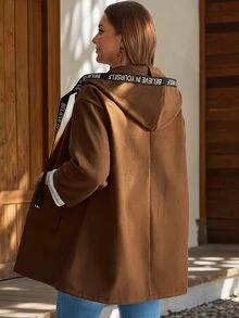 EMERY ROSE Plus Size Pocket Zipper Hooded Jacket Casual Outerwear Fall Winter 2026 - Coffee Brown - View 2