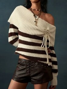 Bohemela Vintage Contrast Stripe Cold Shoulder Drawstring Pullover Sweater - Multicolor - View 6