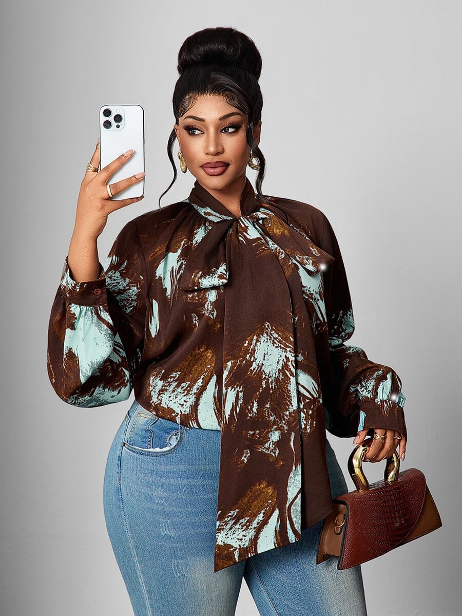 Maweii Vintage Casual Bowknot Long Sleeve Versatile Plus Size Women's Blouse Fall - Multicolor - View 1