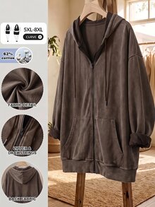 SHEIN CURVE+ 大尺碼開襟拉鍊式水洗布料長袖運動衫，黑色休閒套頭衫，2026 22W 秋季 - 咖啡棕 - 查看 8