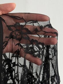 Viva Relle Plus Size Women Square Neck Flare Sleeve Side Slit Hem Sexy Contrast Lace Flare Sleeve Elegant Dress Fall - Black - View 7