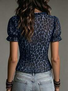 LUMIGAL Women's V-Neck Leopard Print Sheer Casual Top - Blue - View 2