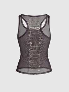 ROMWE Grunge Punk Dark Millennium Distressed Sexy Sheer Mesh Tank Top For Women - Dark Grey - View 2