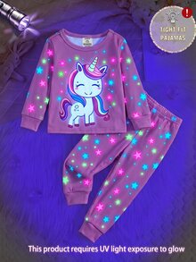 SHEIN 女嬰可愛卡通印花長袖上衣與內搭褲家居服套裝 - 粉色 - 查看 3