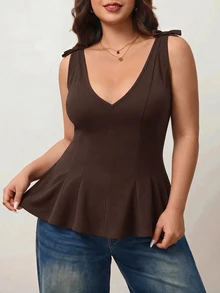 Enliva Plus Size Women Elegant Minimalist V-Neck Bow Decor Tank Top - Brown - View 3