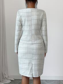 SHEIN Elenzya Fall Clothes For Women Light Gray Plaid Square Neck Long Sleeve Top Pencil Skirt 2 Pieces Set - Light Coffee - View 2