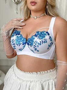 SHEIN Plus Size Underwire Lace Patchwork Non-Slip Wide Strap Comfortable Bra, 1pc - Blue and White - View 1