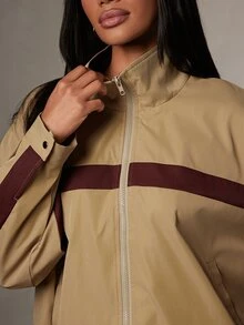 Hauture Women's American Retro Colorblock Stand Collar Windbreaker Jacket, Loose Fit Drop Shoulder Zip-Up Jacket For Autumn/Winter - Khaki - View 6