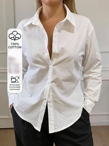 Dazy Plus Solid Color Fitted Waist Long Sleeve Collared Elegant Formal Spring Summer Autumn Blouse White Shirt - White - View 1