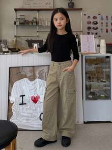 Dazy Kids Tween Girl) Regular Casual Cargo Pants Straight Leg Autumn/Winter Army Green Denim - Army Green - View 3