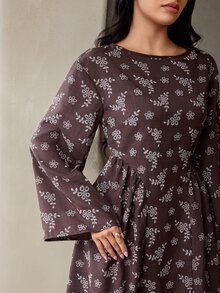 Veilorie Women's French Style Ruched Waist Jacquard Long Sleeve Dress - Coffee Brown - View 2