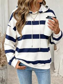 SHEIN LUNE Women's Casual Minimalist Colorblock Striped Print Crew Neck Loose Sweatshirt - Autumn/Winter New Arrival Long Sleeve Top - Multicolor - View 4