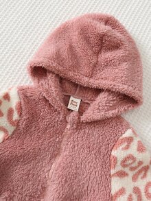 SHEIN 女童小女孩拼接豹紋拉鍊連帽外套與長褲休閒套裝 - 彩色 - 查看 3