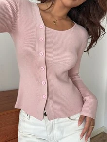 Strévra Women's Autumn Casual Versatile Solid Color Cardigan - Pink - View 1