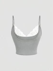 Sweetra Plus Size Women's Sexy Minimalist Sexy Style Lace Patchwork Camisole Top With Backless Design, Slimming Fit - Grey - View 2
