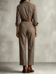 Trelyra French Vintage Brown Plaid Long Sleeve Jumpsuit, Retro Jumpsuit Suitable For Daily Outfits - Brown - View 2