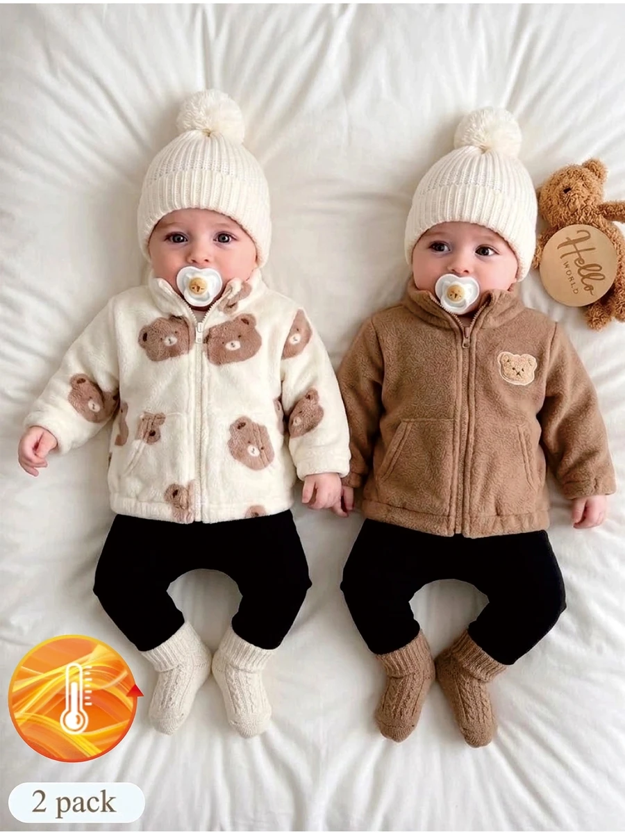SHEIN 2pcs Newborn Baby Boys Girls Sherpa Fleece Coat Cute Sweet Beige Brown Bear Print Teddy Long Sleeve Zip Up Thick Fuzzy Outdoor Winter Halloween Autumn - Brown - View 1