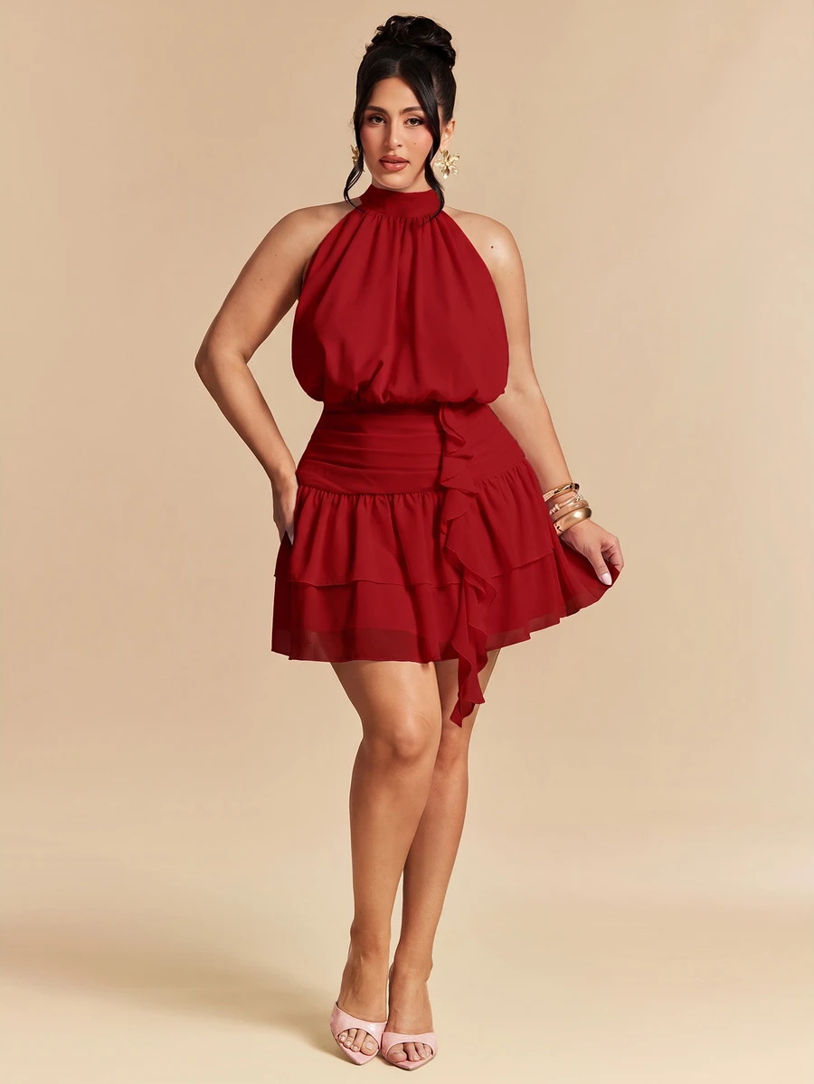 SHEIN BAE 大尺碼女款純色百褶時尚約會掛脖迷你洋裝 - 紅色 - 查看 1