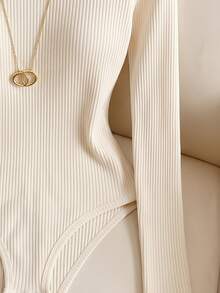 SHEIN LUNE Women's Casual Versatile Solid Color Long Sleeve Bodysuit - Apricot - View 3